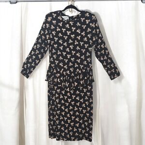 Depeche Mode Vintage Peplum Dress Long Sleeve Woman 14 Black Tan Bow Print 1980s